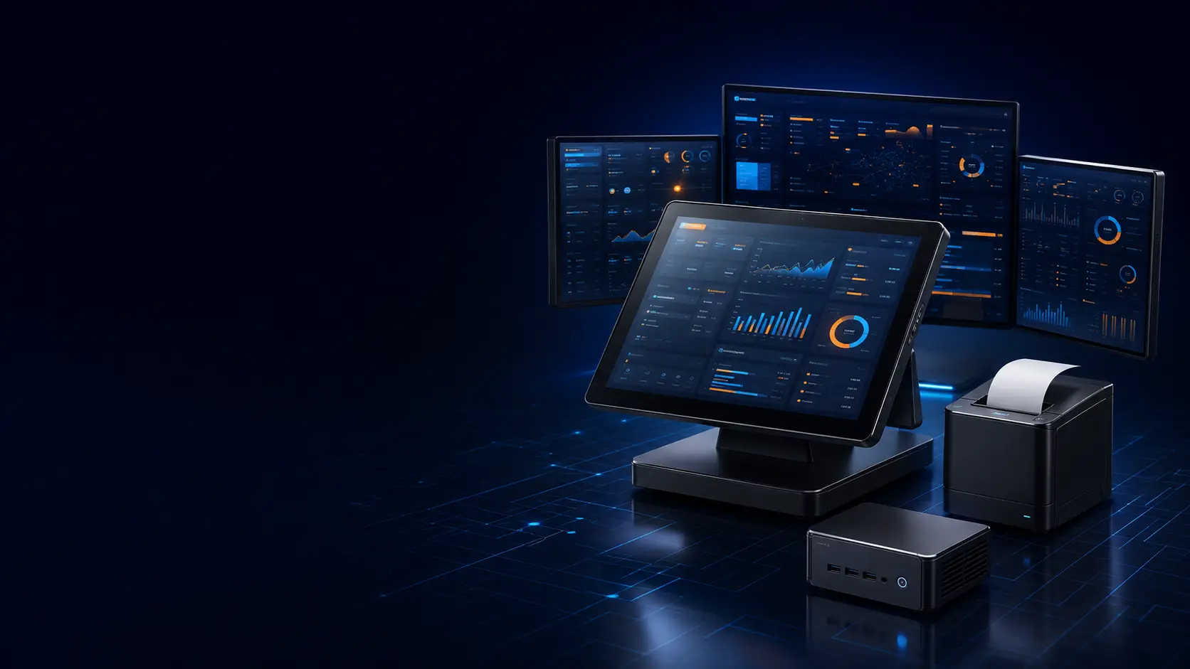 Terminal POS profesional conectat la panouri de control, imprimantă fiscală și mini-PC